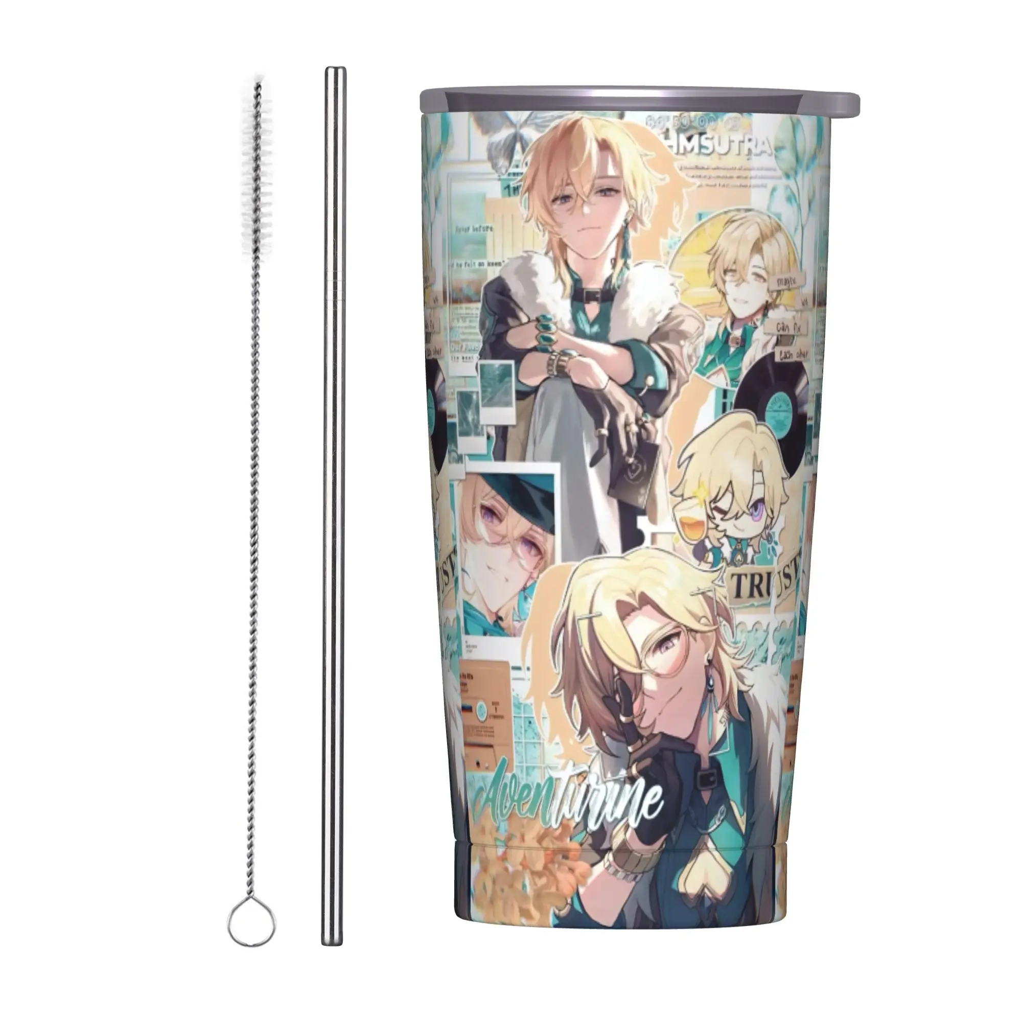 Aventurine Insulated Tumbler with Straws Honkai Anime Vacuum Coffee Mugs Outdoor Portable Water Bottle Cups, 20oz