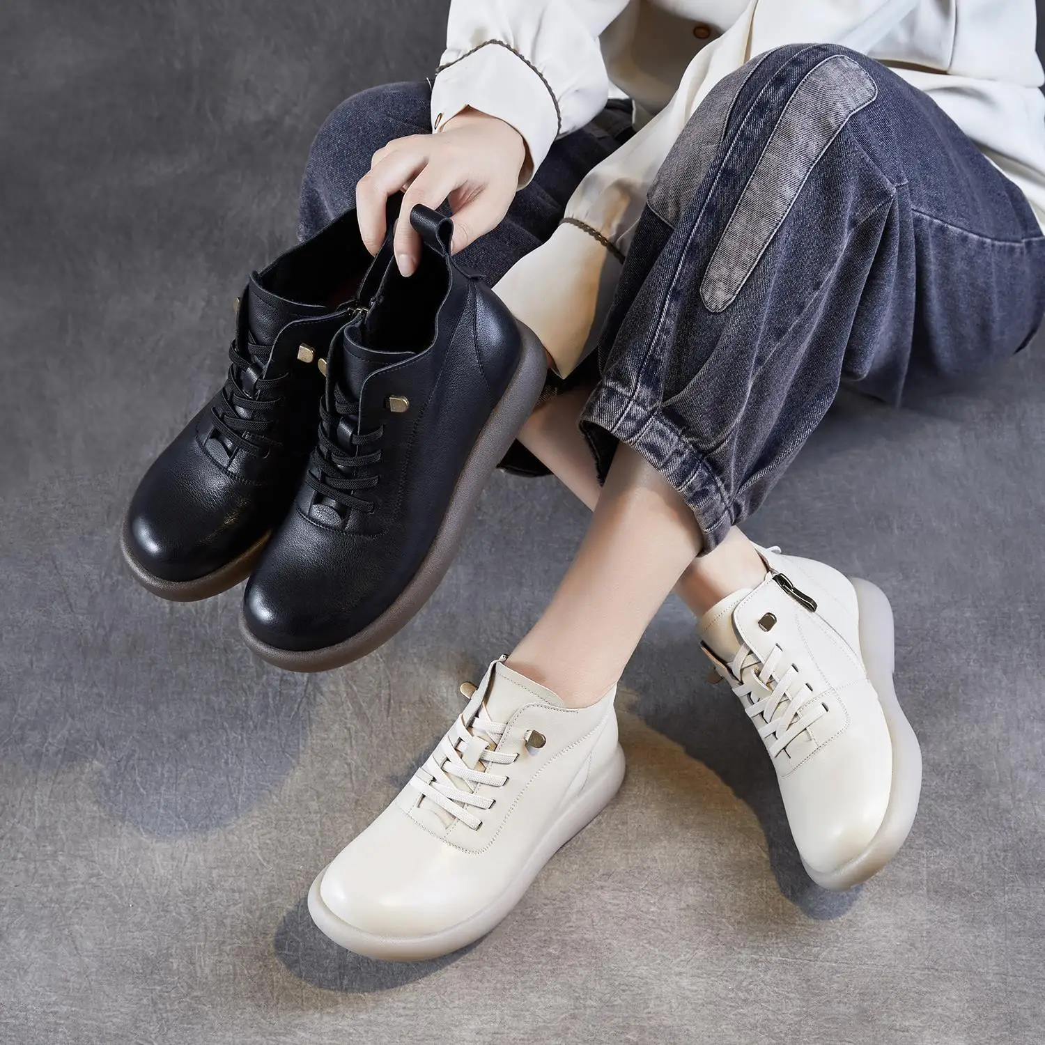 

Casual Boots Women's Comfortable Flat Bottom Short Boots Leather Breathable round Toe Low Heel Pig Skin Insole TPR Out...