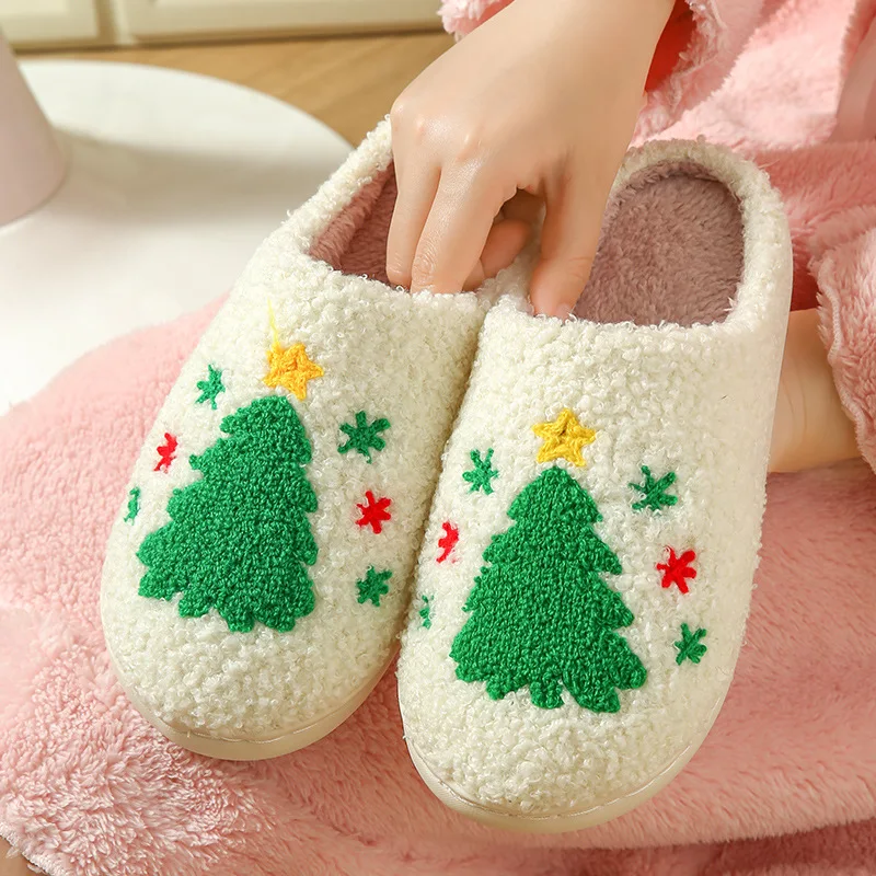 Red Green Christmas Tree Reindeer Slippers Woman Winter Indoor Plush Mules Man Lady Couple Warm Fluffy Bedroom Shoes For Gift