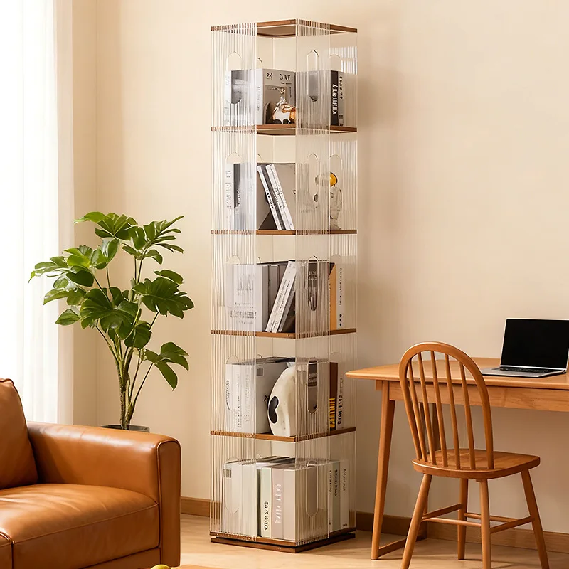 Acrylic creative rotating bookshelf 360 degree home display cabinet solid wood floor shelf corner bookcase