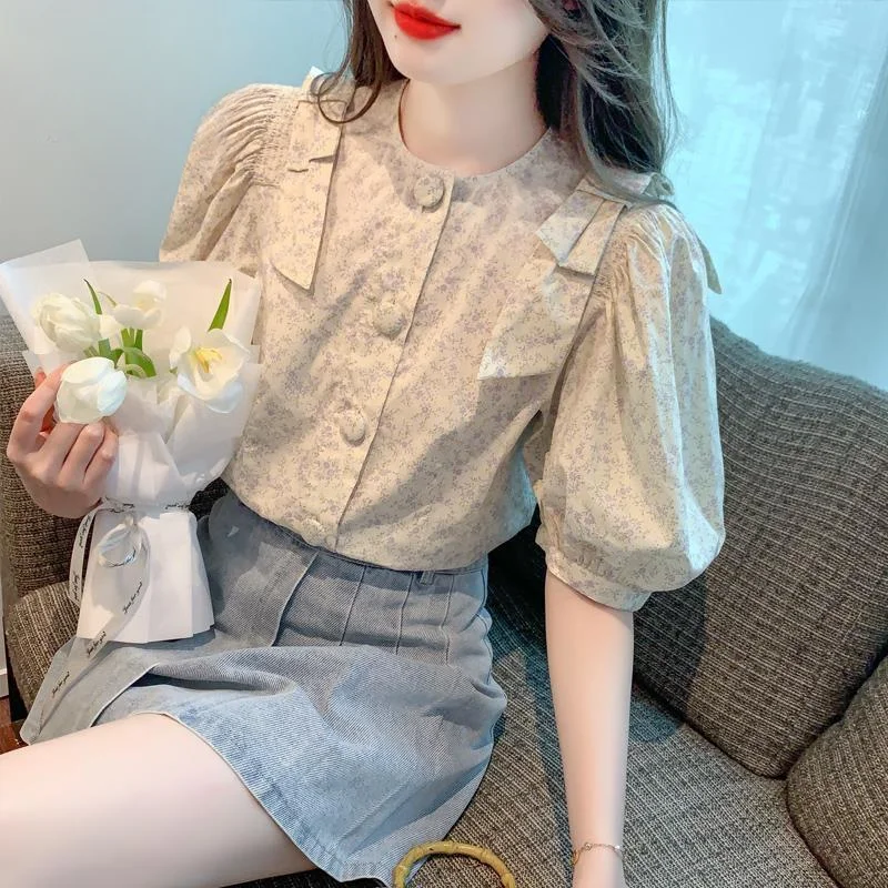 Fashion Floral Bubble Sleeve Shirt Women\'s Summer Design Niche French Style Top New Youthful and Beautiful Chiffon Shirt