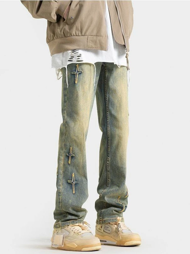 Man Cowboy Pants Skinny Tight Pipe Trousers Washed Slim Fit Men's Jeans with Crosses Y2k Streetwear Xs Retro Cheap Luxury Casual