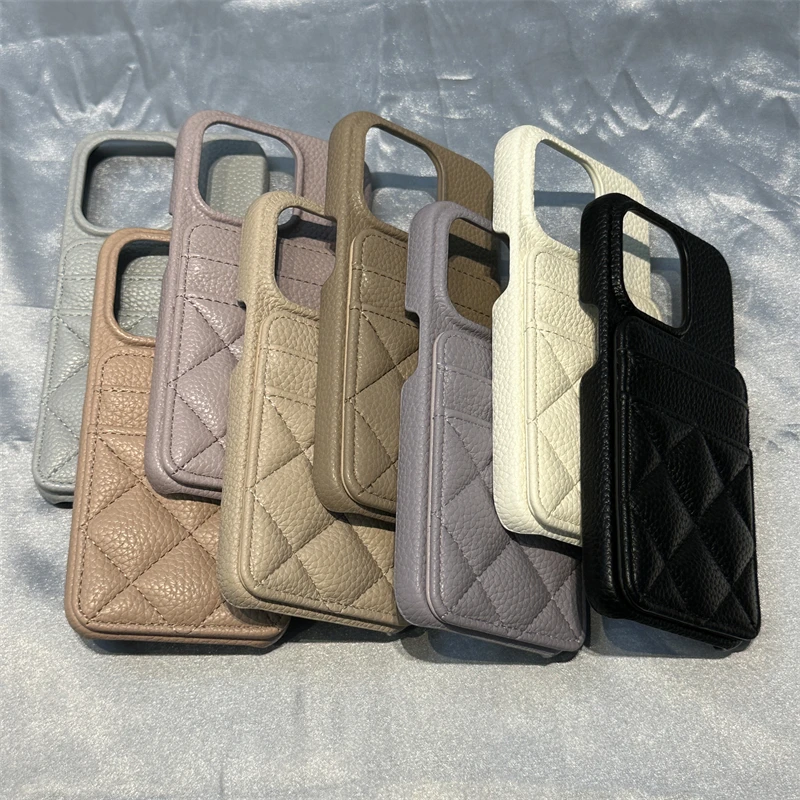 Luxury Card Pocket Wallet Leather Phone Case for iPhone 16 17pro max 15 17 14 Pro 13 12 Trendy Lattice Card Slot Matte Cover