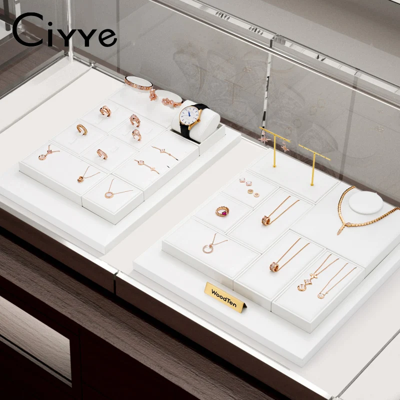 Ciyye White Leather Jewelry Display Ring Earring Holder Store Counter Showcase Pendant Necklace Chain Presenting Stand Organizer