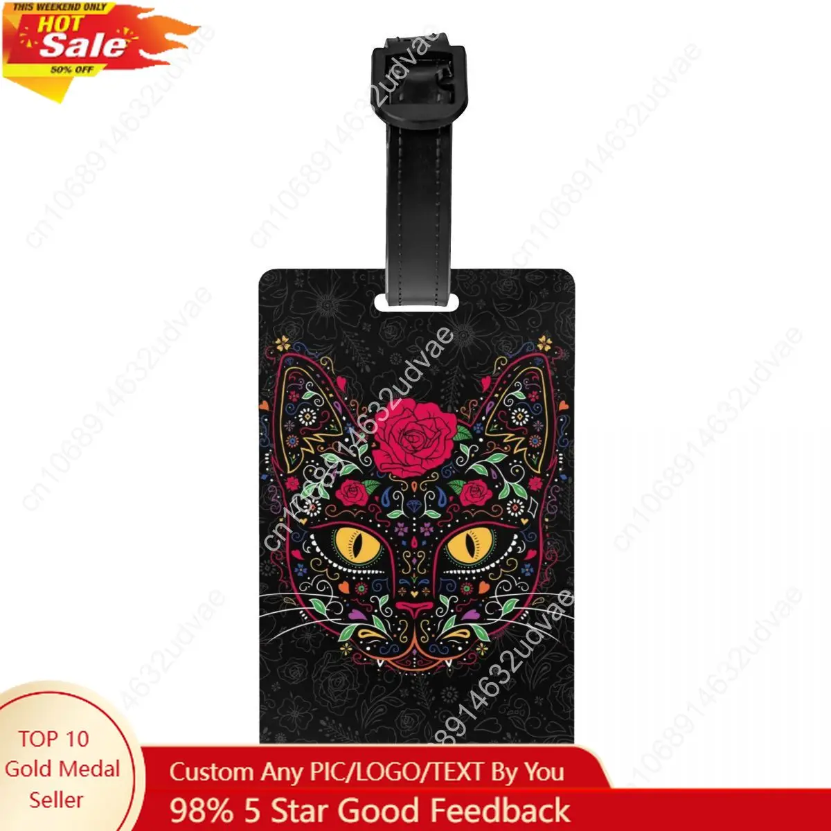 

Custom Day Of The Dead Kitten Cat Sugar Skull Luggage Tag for Suitcases Mexican Halloween Floral Privacy Cover Name ID Card