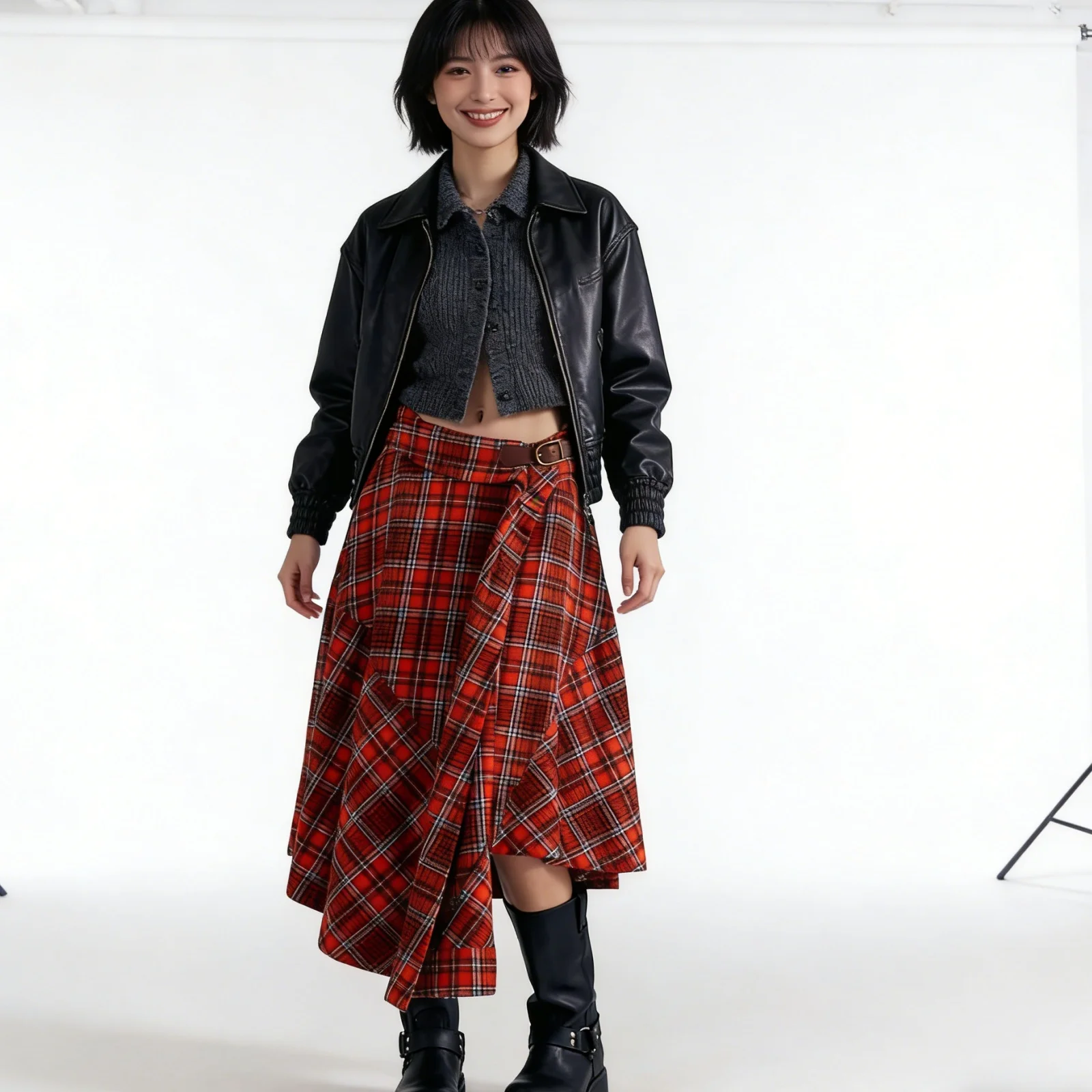 

Spring Summer American Retro Red Plaid Print Irregular Skirt Women Punk Style High Waist Midi Skirts