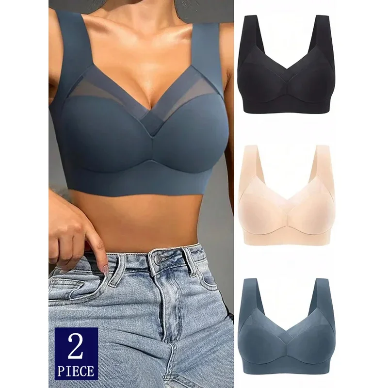 

2PCS Women Lace Sport Bras Plus Size Seamless Bra Bralette Backless Lady Brassiere Vest Female Gather Shock-Proof Wireless L-5XL