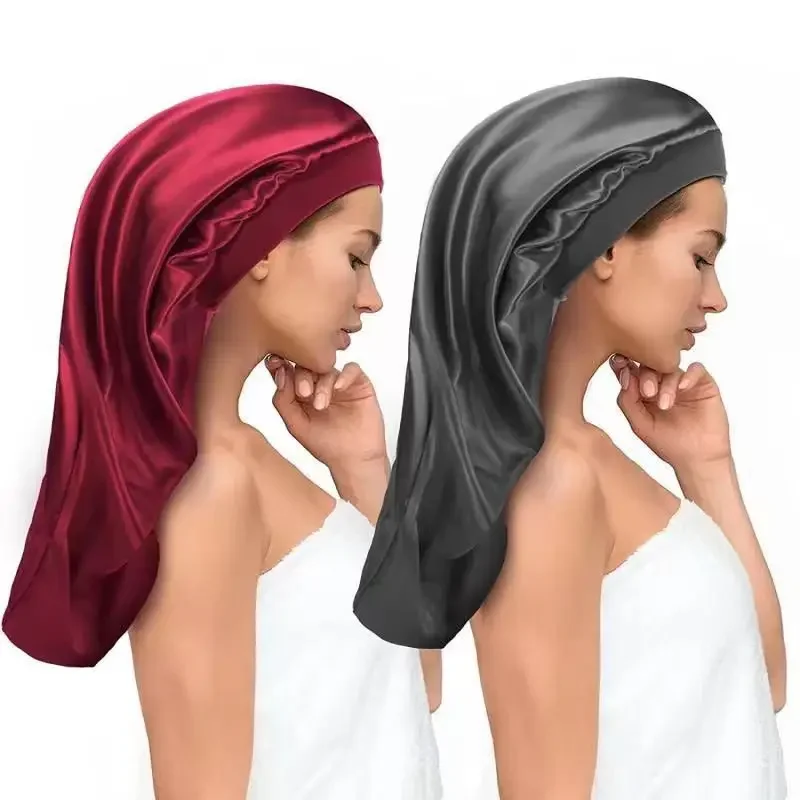 Long Women Large Satin Bonnet Silky Night Sleeping Cap Adjusting Button Night Hat Beauty Salon Hair Care Hat Bathroom Products