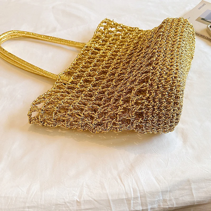 Goldene Hohlgeflechtte Shopper-Markttasche, Damen Casual Chic Strand- und Pendler-Tragetasche, Koreanische Bucket-Handtasche – Detail 3