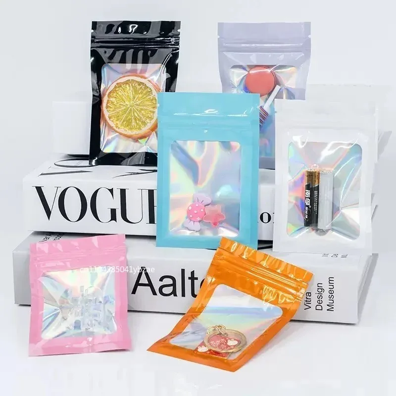 1-50pc saco ziplock holográfico plástico laser iridescente sacos zip para manicure cílios exibição brincos anel sacos de armazenamento de jóias