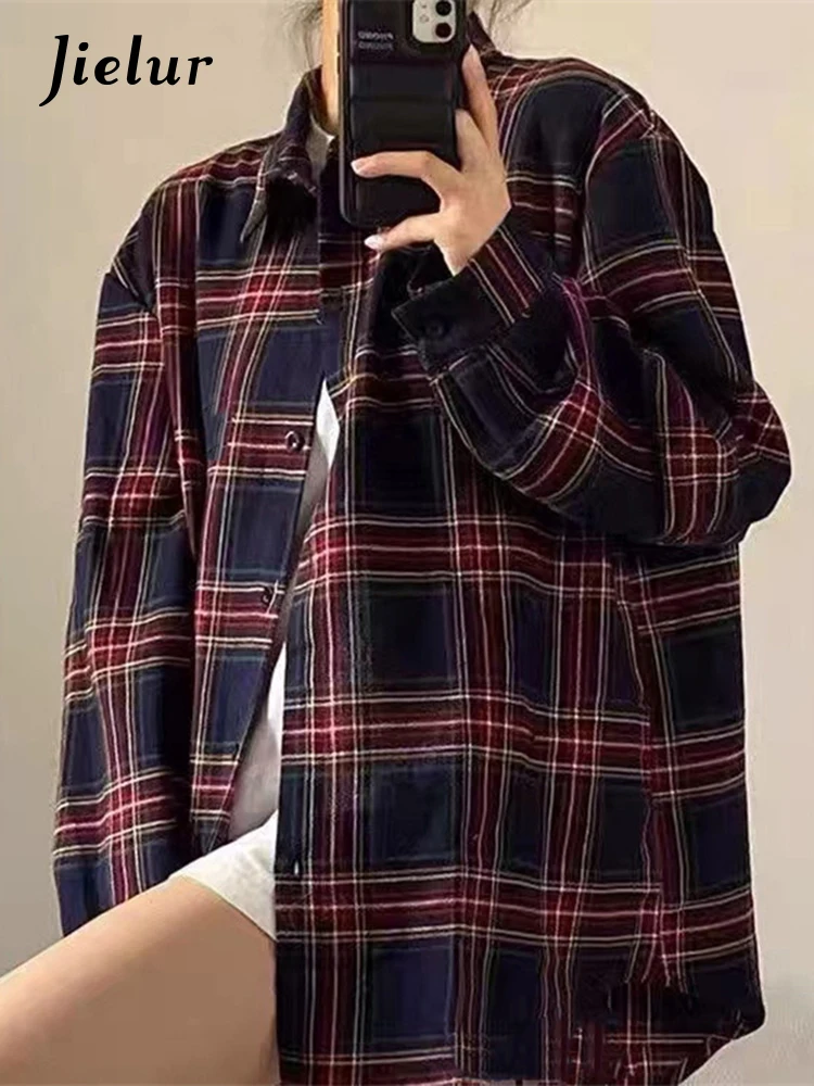 Jielur Loose Y2k Plaid Vintage Female Shirt Spell Color Long Sleeve American Style Fashion Women's Shirts Single Breasted Shirt