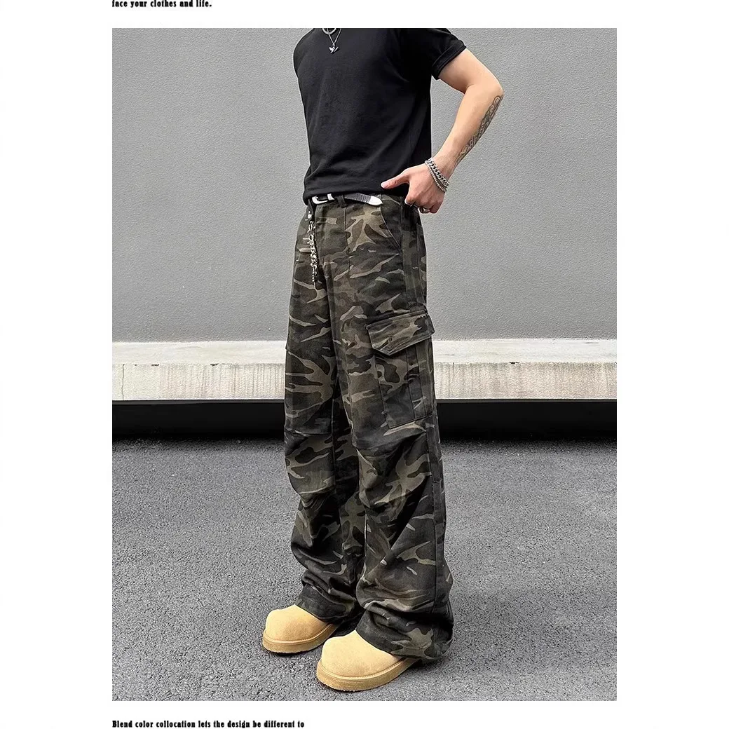 

American Vintage New Fashion Men's Camouflage Casual Trendy Simple Basic Wide Leg Washed Multi Pocket Denim Trousers Male Jeans