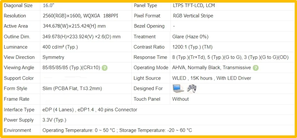 B160QAN02.N 16 inch Laptop Display LCD Screen No-touch Slim IPS Panel QHD 2560x1600 EDP 40pins