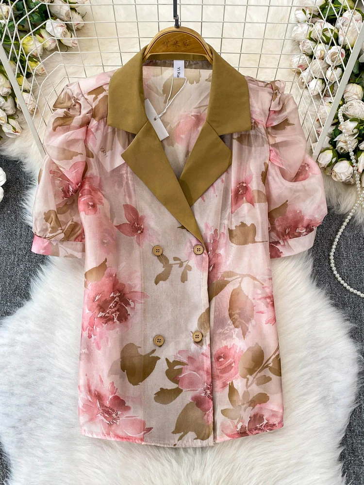 

Summer Women's Oil Painting Printed Contrasting Notched Collar Shirt New Fashionable Elegant Double Breasted Blouse Top C291