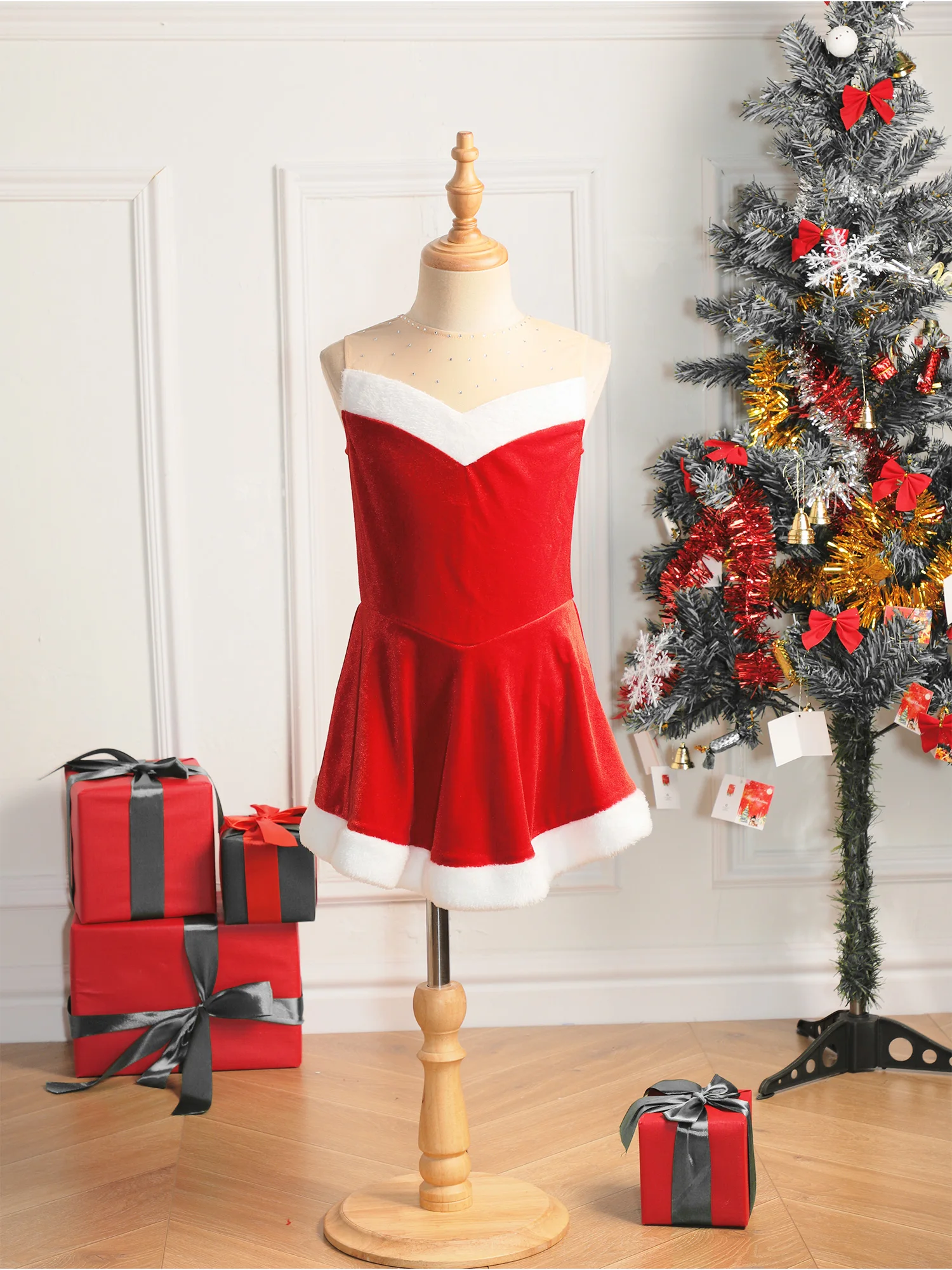 Girl Christmas Dance Dress Leotard Tutu with Xmas Hat New Year Party Santa Claus Cosplay Costume Figure Skating Ballet Dancewear