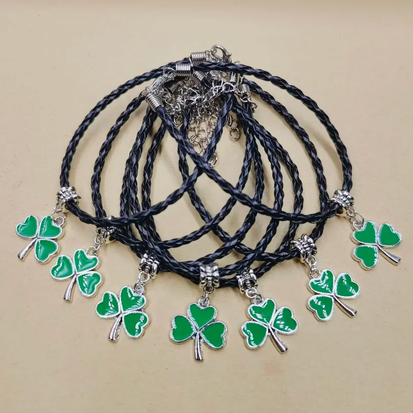 سوار مضفر من الجلد مع مشبك جراد البحر ، 3 أوراق البرسيم الايرني ، فاصل مثلث ، عيد القديس باتريك ، 20 قطعة #2