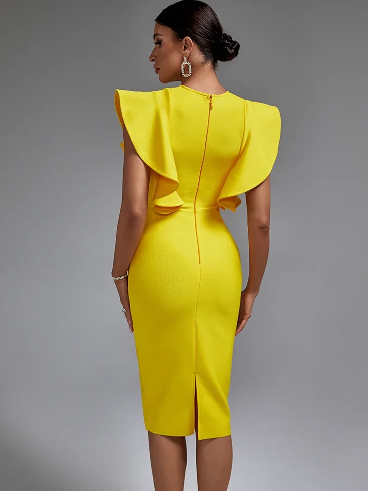 Yellow Bandage Dress Women Midi Party Dress Bodycon Elegant Ruffle Sexy Evening Birthday Club Outfits Summer 2023