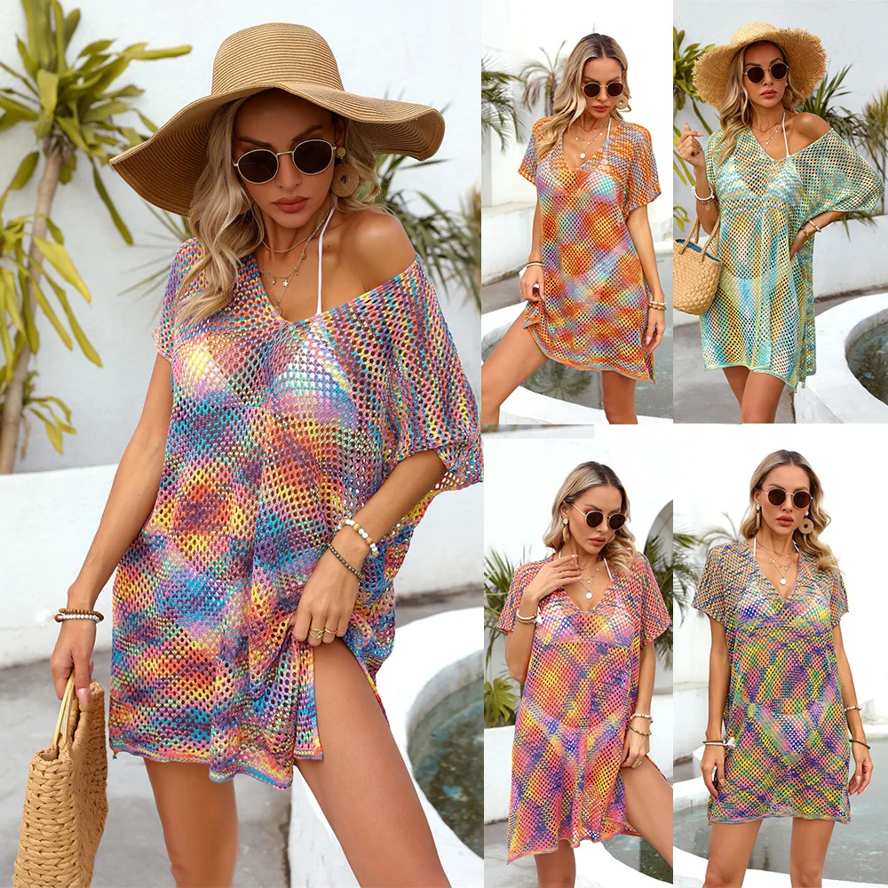 

YYAHAHAS 2025 American Fashion Hoodie Summer Rainbow Splicing Hollow Loose Bikini Beach Shirt Knitted Shirt Female Clothing