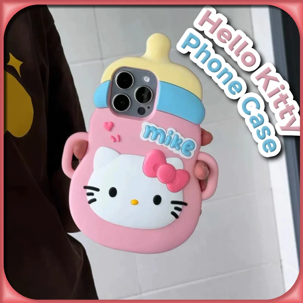 Kawaii Baby Bottle Hello Kitty 3D Silicone Case for IPhone 15 14 13 12 11 Pro Max Sanrio Anime Cute Fashion Protective Cover