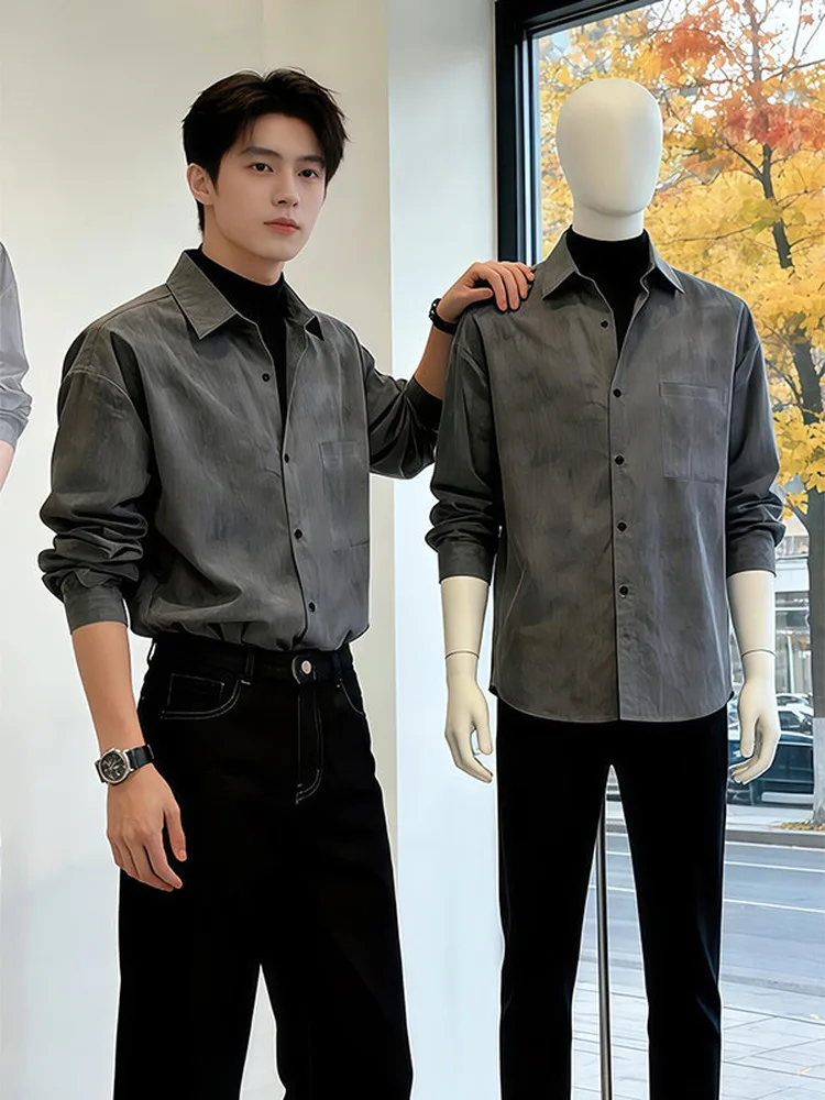 

Smoky Grey Naples Godfather Men's Shirt Tie Dye Casual Style Long Sleeve Spring Outerwear Fashionable And Handsome