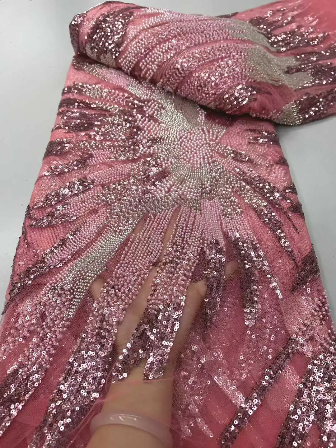 

Pink French Mesh Lace Fabric Beads African Lace Fabrics Nigerian Mesh Lace Fabric For Diy Dresses Party Wedding
