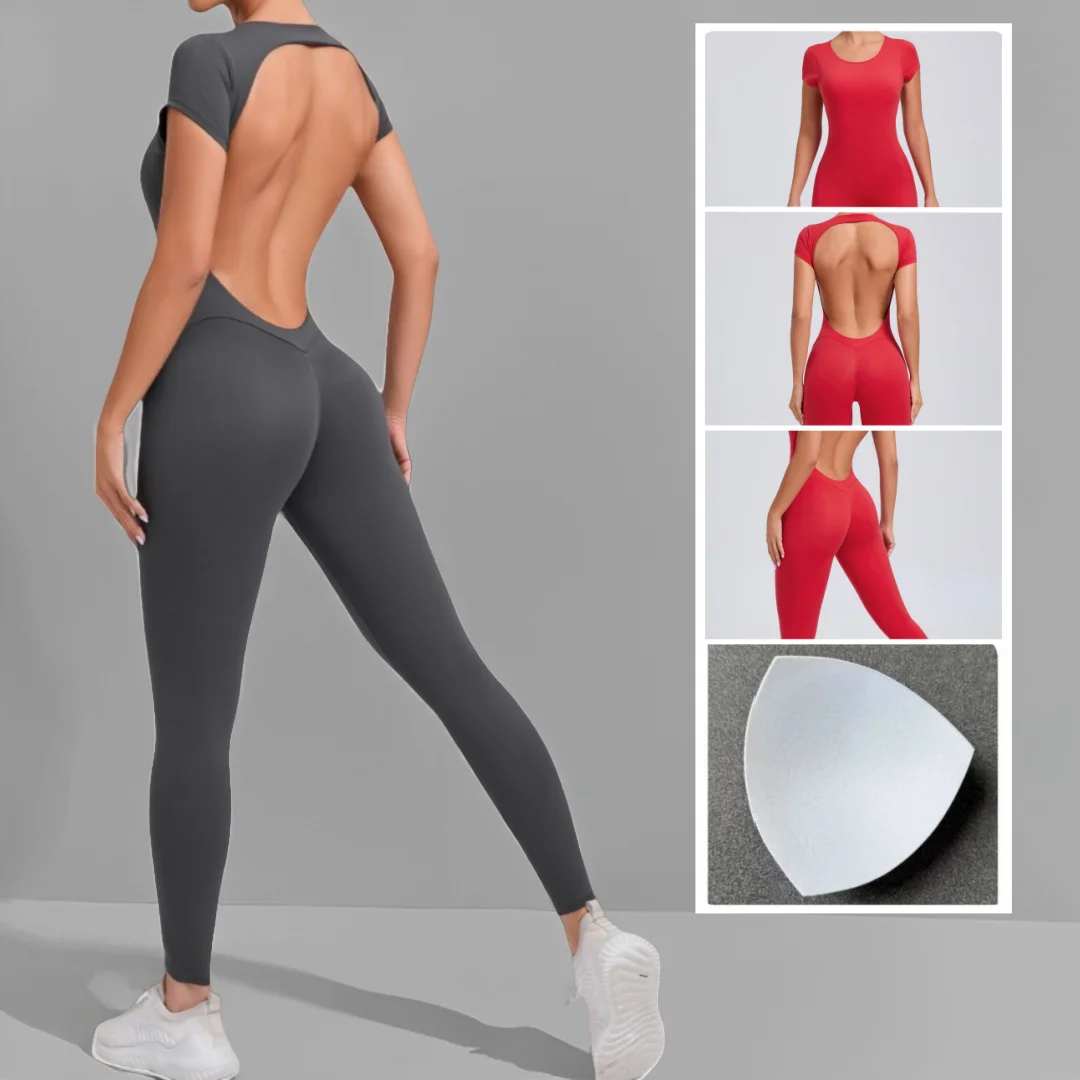 

Women's Tight Hip-lifting Yoga Jumpsuit Sports Quick-drying Pants Short-sleeved Backless One-piece Workout Clothes Gym Bodysuit
