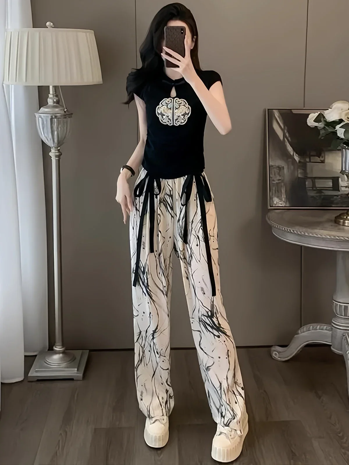 

Chinese Style Short Sleeved Suit Female Conjuntos De Pantalones 2024 Summer Slim Top+Wide-Leg Pants 2 Piece Sets Women Outfits