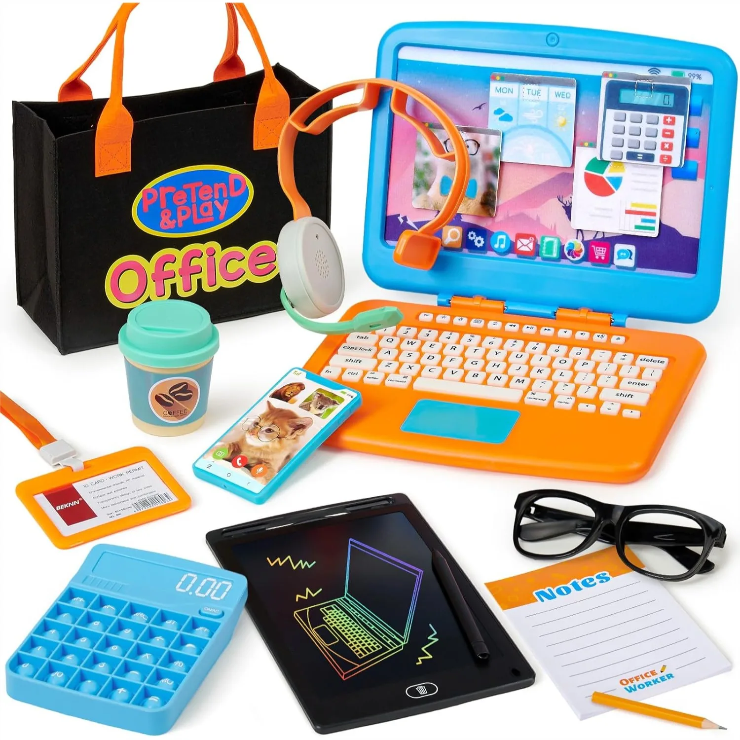 

Pretend Play Home Office Set for Kids Toy Laptop with LCD Writing Tablet, Calculator, Phone, Headset, Glasses, Coffee Cup &