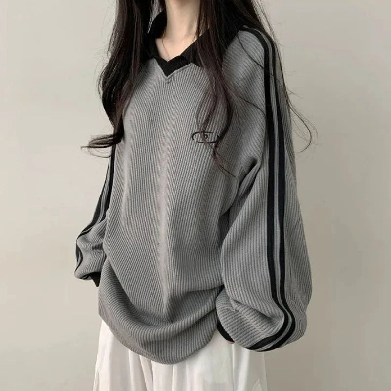 

Polo Neck Striped Sweatshirt Women Korean Fashion Female Long Sleeve Tops Casual Patchwork Pullovers Ladies Vintage Hoodies 2025