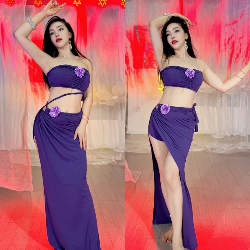 Dostosowane stroje do tańca brzucha Swegal, strój do tańca orientalnego, strój do ćwiczeń, 4-kolorowa kwiatowa sukienka bez ramiączek i długa spódnica ze sznurkiem.