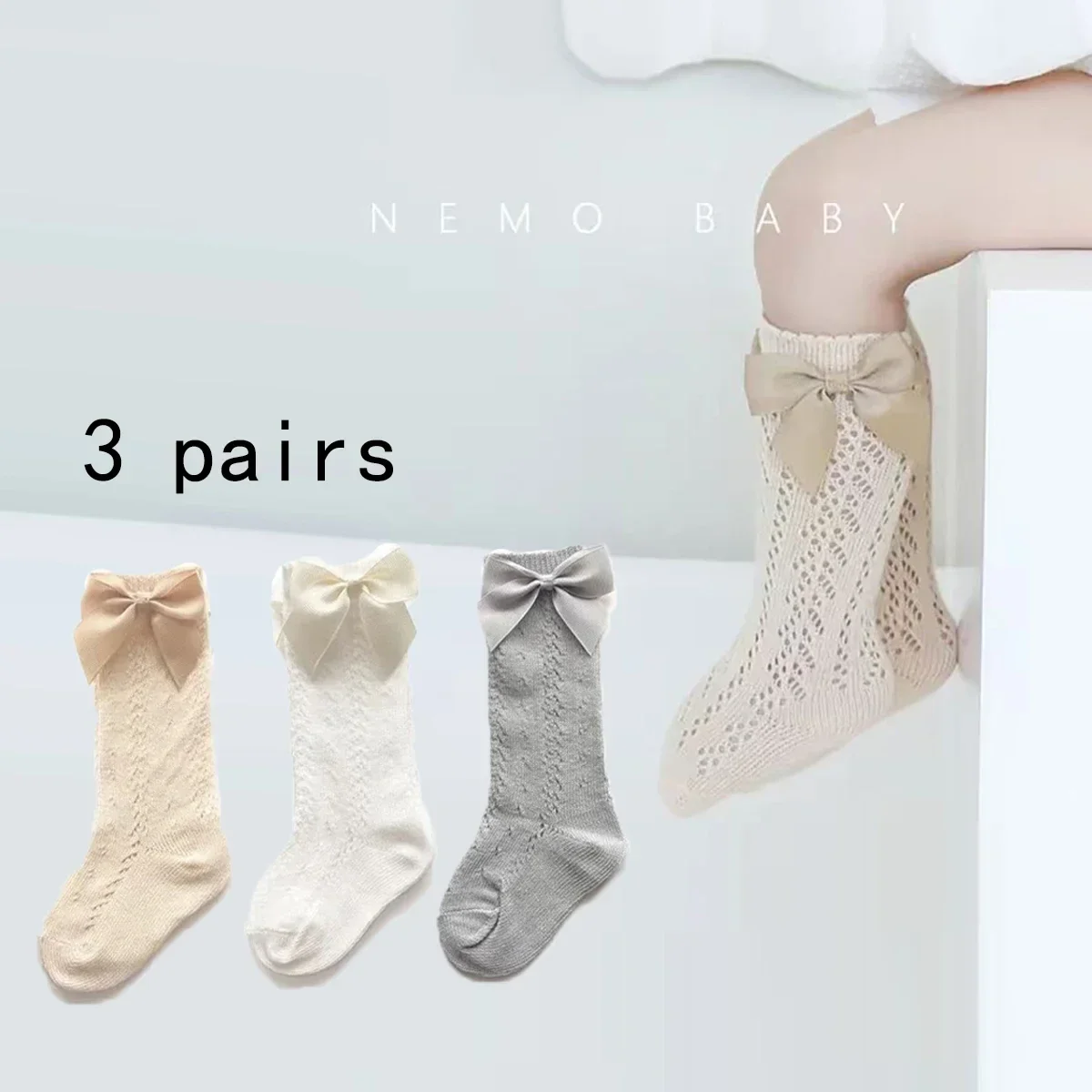 3 Paar Baby-Fliegen und große Netzstricksocken, knielange Socken aus Baumwollmischung, bequem, atmungsaktiv und weich