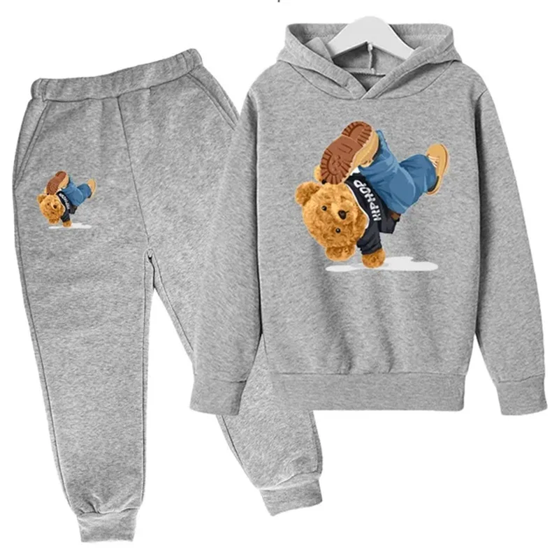 Kids Spring/Autumn/Winter Hoodie+Pants 2pcs Sets 3-14T Children\'s Street Dance Cartoon Bear Print Boys Girls Childre Tracksuits