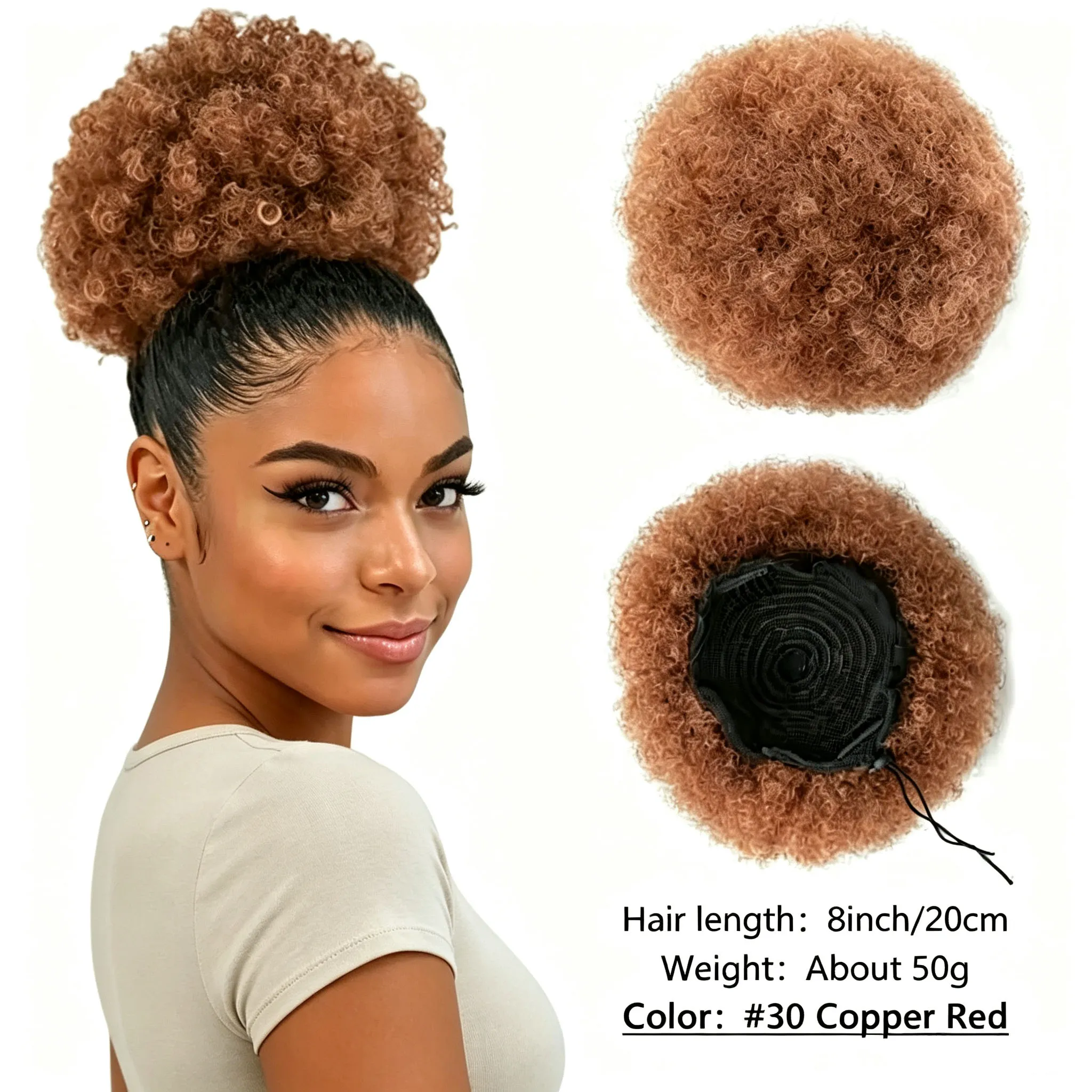 Afro Puff Drawstring Ponytail With Bangs Ponytail Extension Hair Bun For Women Short Curly Clip in Wrap Updo Hairpiece Color#30