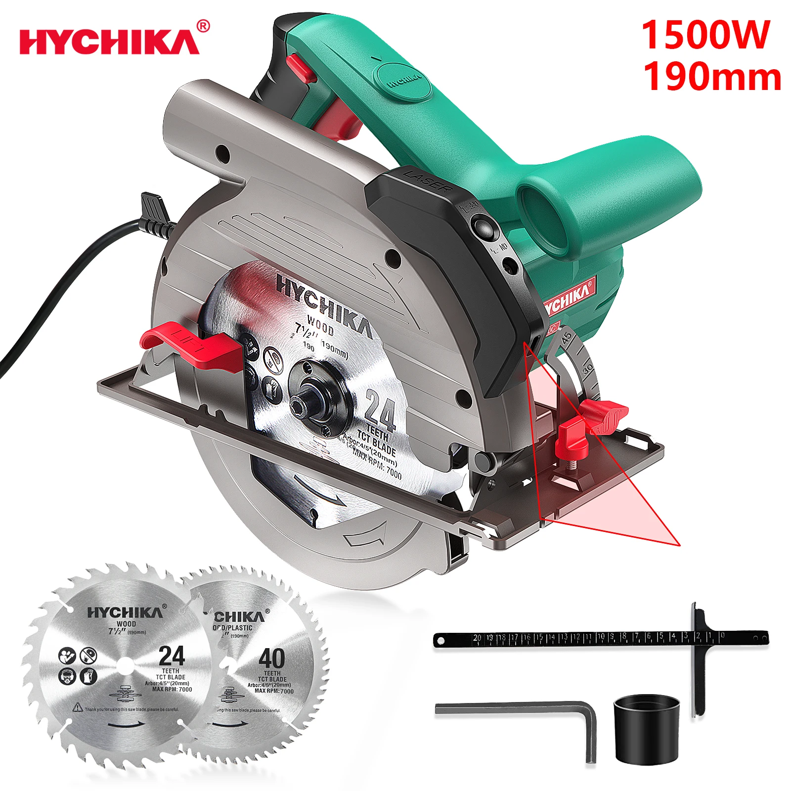 HYCHIKA 1500W Circular Saw 190mm Electric Miter Saw Cutter with Laser Portable Woodworking Power Tools for Cutting Woods PVC