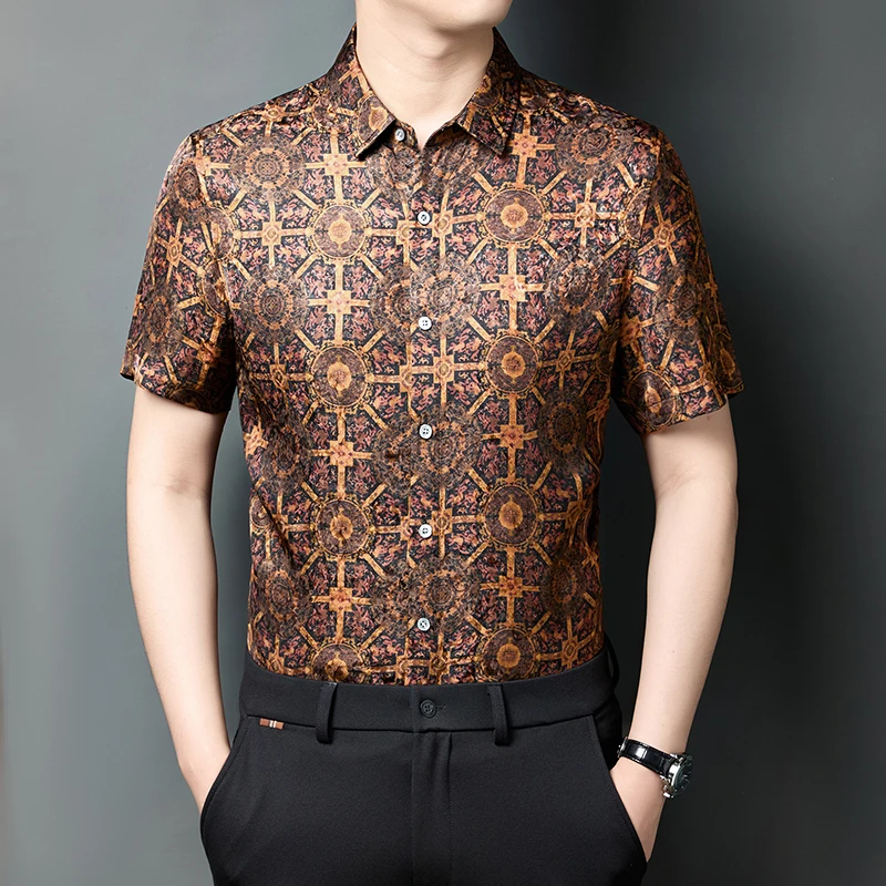 HT7706 Supper Silky Breathable Shirts For Men Short Sleeve Print Summer Quality Soft Comfortable Chinese Style Camisas De Hombre
