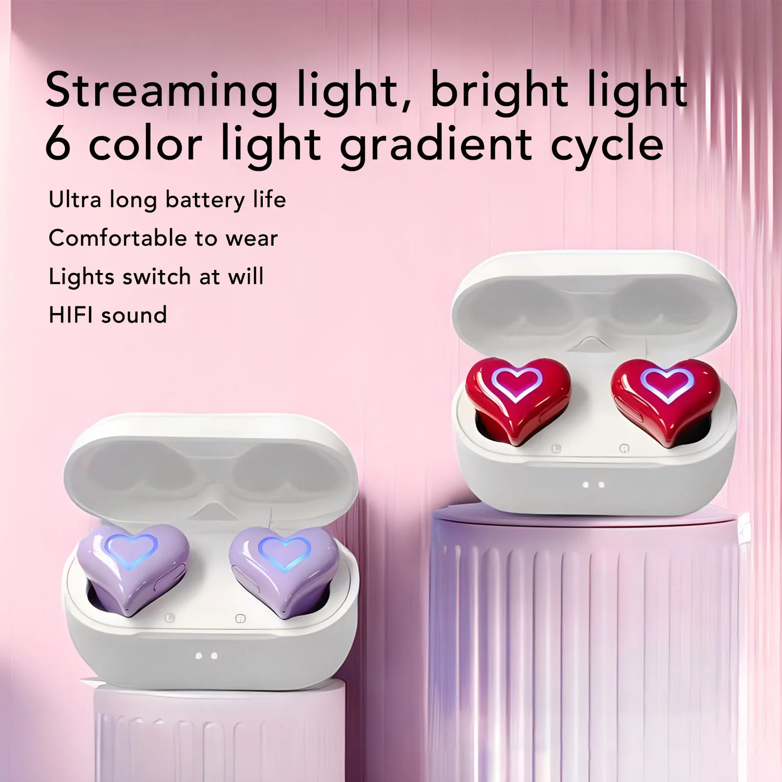 Bluetooth Earbuds HIFI Stereo Sound Color Gradient Light Cute Heart Shaped Bluetooth Earbuds for Sports for Outdoor Activities