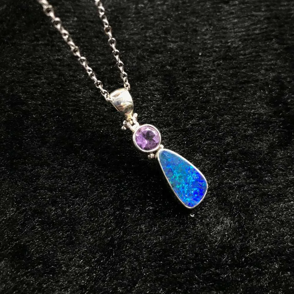 CSJ Natural Australia Opal Pendants Sterling 925 Silver Amethyst Garnet Necklace for Women Party Birthday Handmade Jewelry Gift