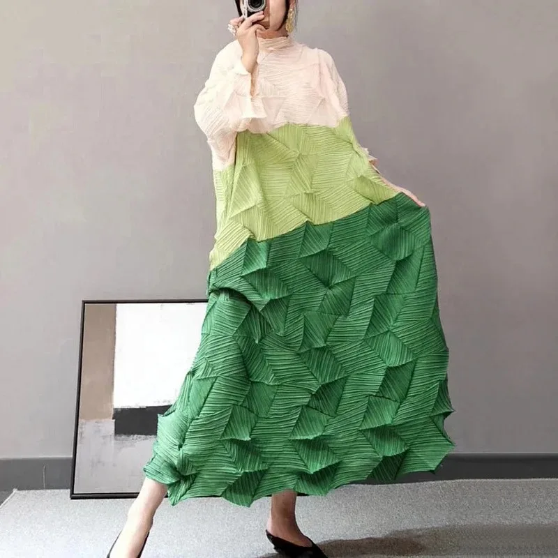 YUDX Miyake Stand Collar Color Block Dress Long Length Women 2024 New Autumn Vintage Loose Pleated Dresses Elegant