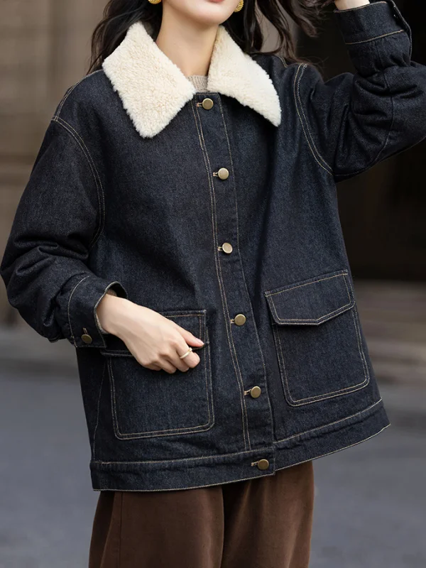 شتاء 2025 بلو طوق الدنيم القطن Jaet المرأة عادية زر واحد ort الدافئة ملابس خارجية علوية Thiened طويلة Sve C...