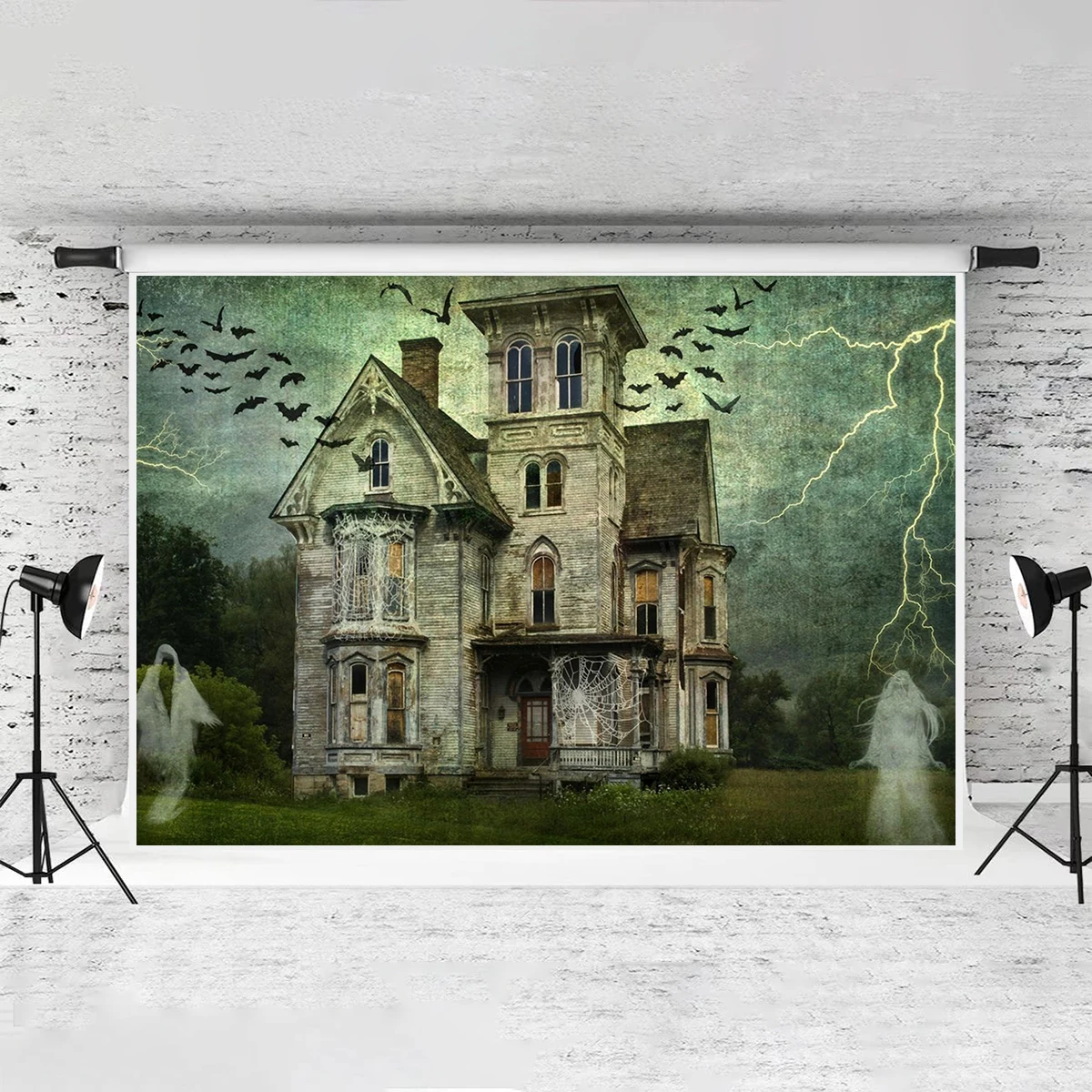 10x6ft Polyster Haunted House Backdrop Vampire Castle Moon Night Photography Decoration Background Bat Halloween Theme Party