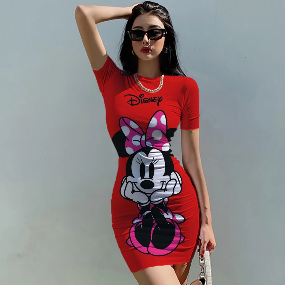 

Disney Minnie Mickey Mouse Cute Cartoon Print Short Sleeve Sexy Night Club Tight Dress Summer Fashion Bag Hip Beach Party Dress