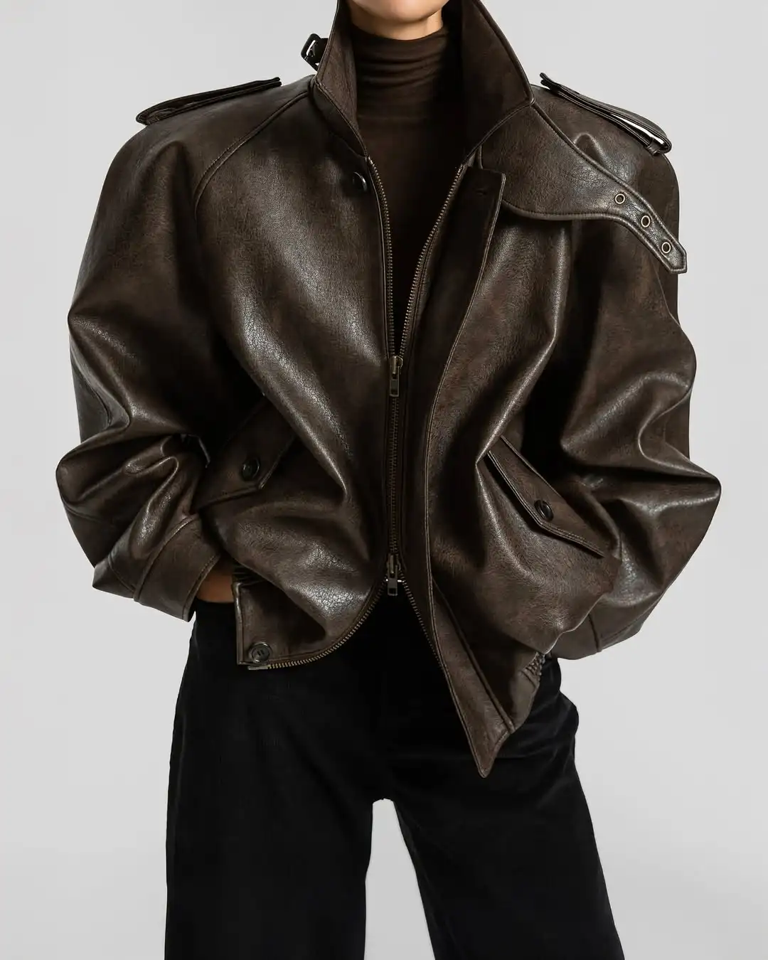 Mulheres sólida gola jaqueta de couro casual manga cheia lapela botão zíper solto jaquetas curtas 2026 senhora primavera outono wear