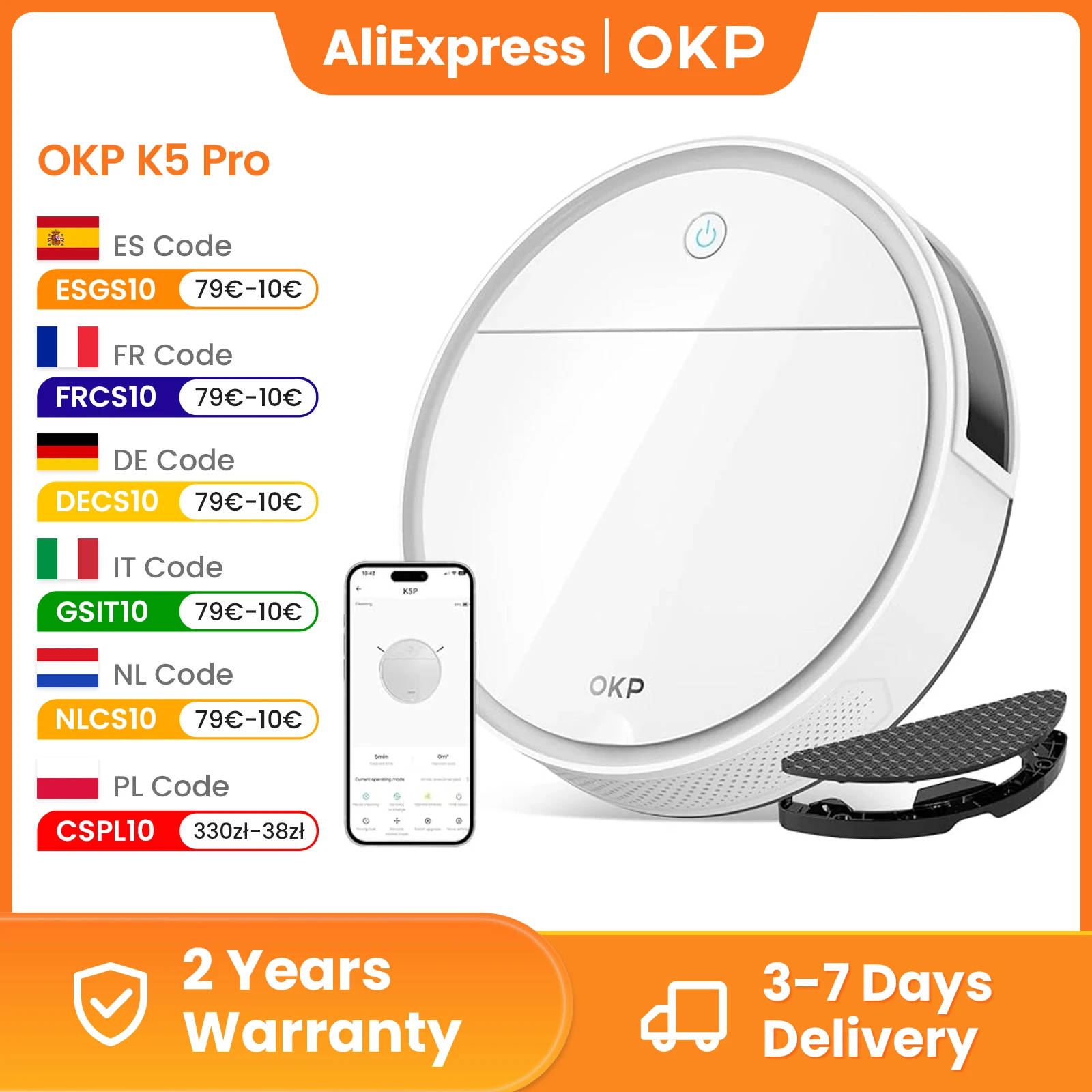 OKP K5P Robot aspirateur, 5000Pa, 180 minutes, WiFi/application, conception mince, auto-chargement, parfait pour les sols durs, les poils d'animaux, les tapis