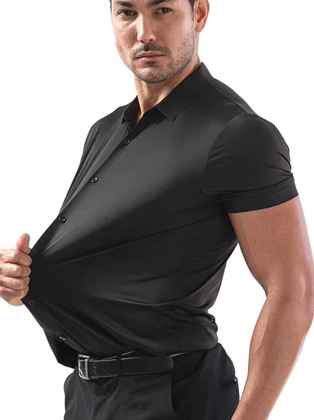 

European Style Ice Silk Four-Sided Elastic Men's Shirt No Ironing Seamless Loose Short Sleeve Smooth Liquid Ammonia Modal Wor...