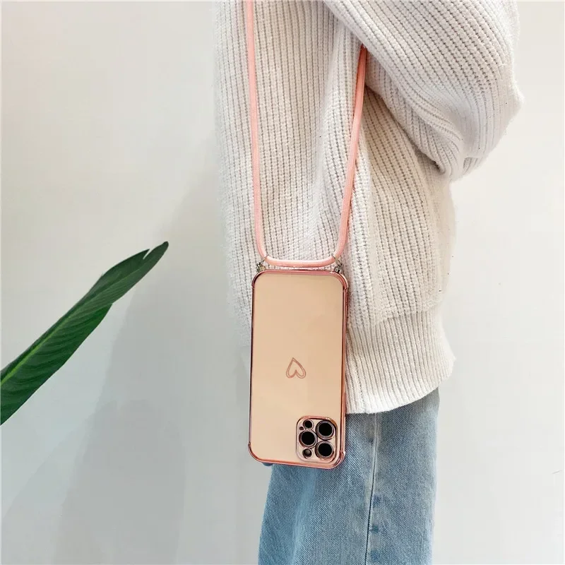 Electroplating Love Heart Crossbody Lanyard Phone Case For IPhone 17 16 Pro Max 15 14 13 12 11 Xr SE2/SE3 Shockproof Back Cover