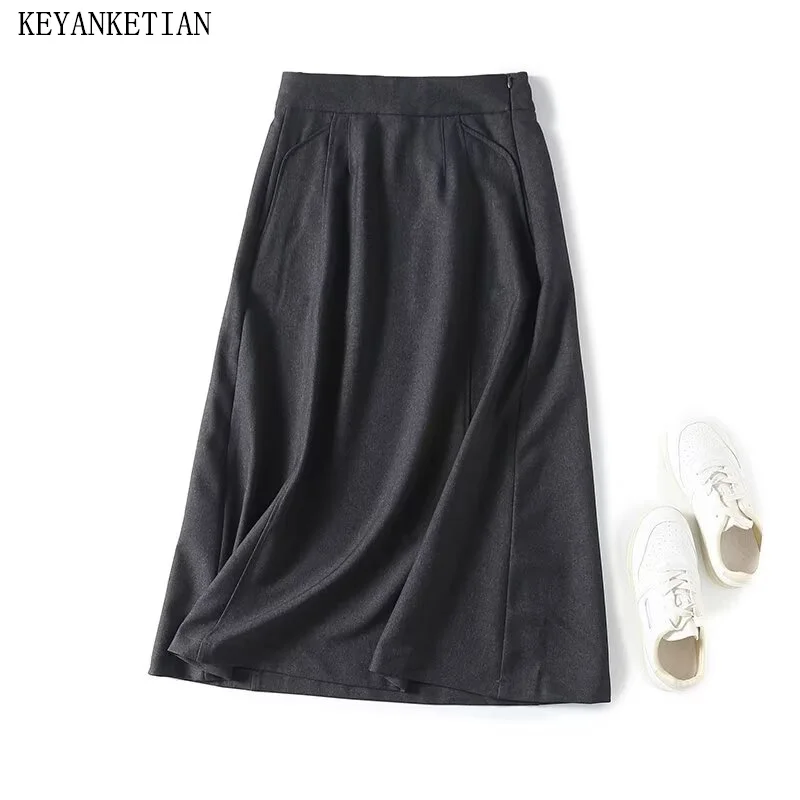 

KEYANKETIAN 2024 New Launch Women's Dark Grey Blend Skirt Spring Elegant Side Zipper High Waist A-Line Ankle-Length MIDI Skirt