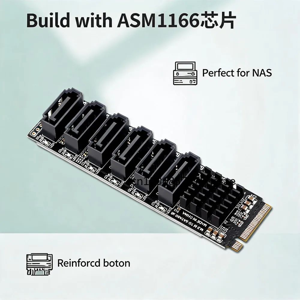 M.2 NVME M-Key PCIE 3.0 to SATA 6Gbps 6-Port Expansion Card NAS Hard Drive Extended PCI-E Adapter Riser Card ASM1166 PM