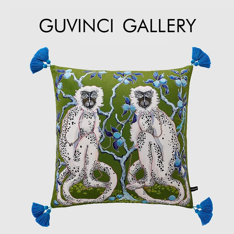 GUVINCI Boho Cushion Covers Monkeys On Green Blue Pomegranates And Lizard Decorative Pillow Case For Patio Couch Fall Home Decor