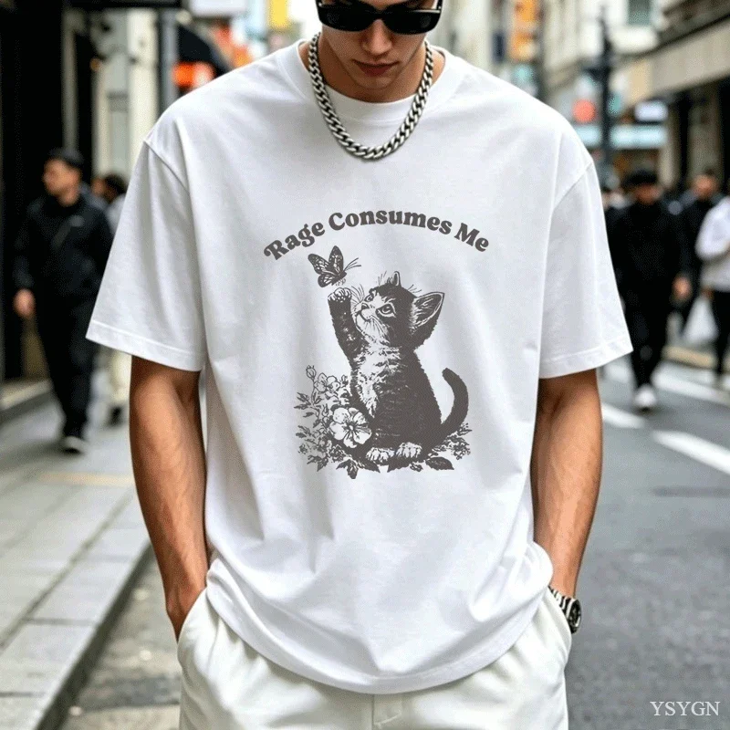 Rage Consumes Me Katzen T Shirt Katze Lustig Vintage Kitten Schmetterling Blumen Vintage Washed Comfortable Designer Clothes