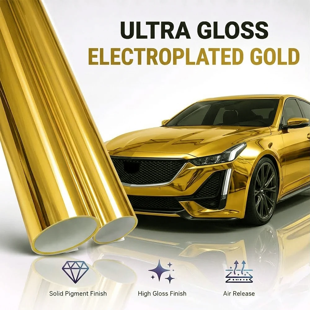 Gloss Chrome Plating Mirror Gold Electro Coating Film Car Vinyl Electroplate Sticker PVC Auto Body Color Change Decoration Film